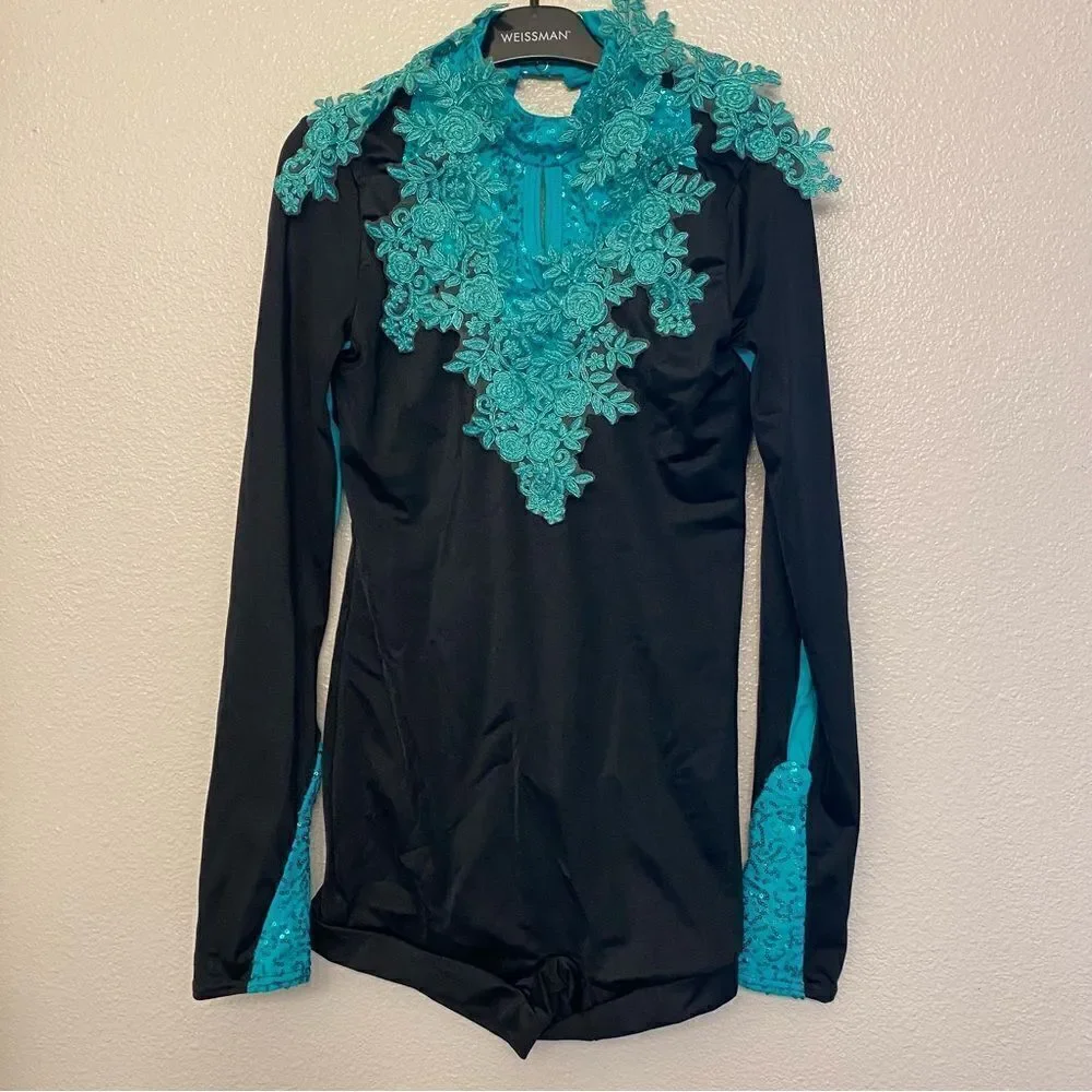 WEISSMAN Dance Costume biketard aqua lace appliqué Hallowed Ground 11084 MA